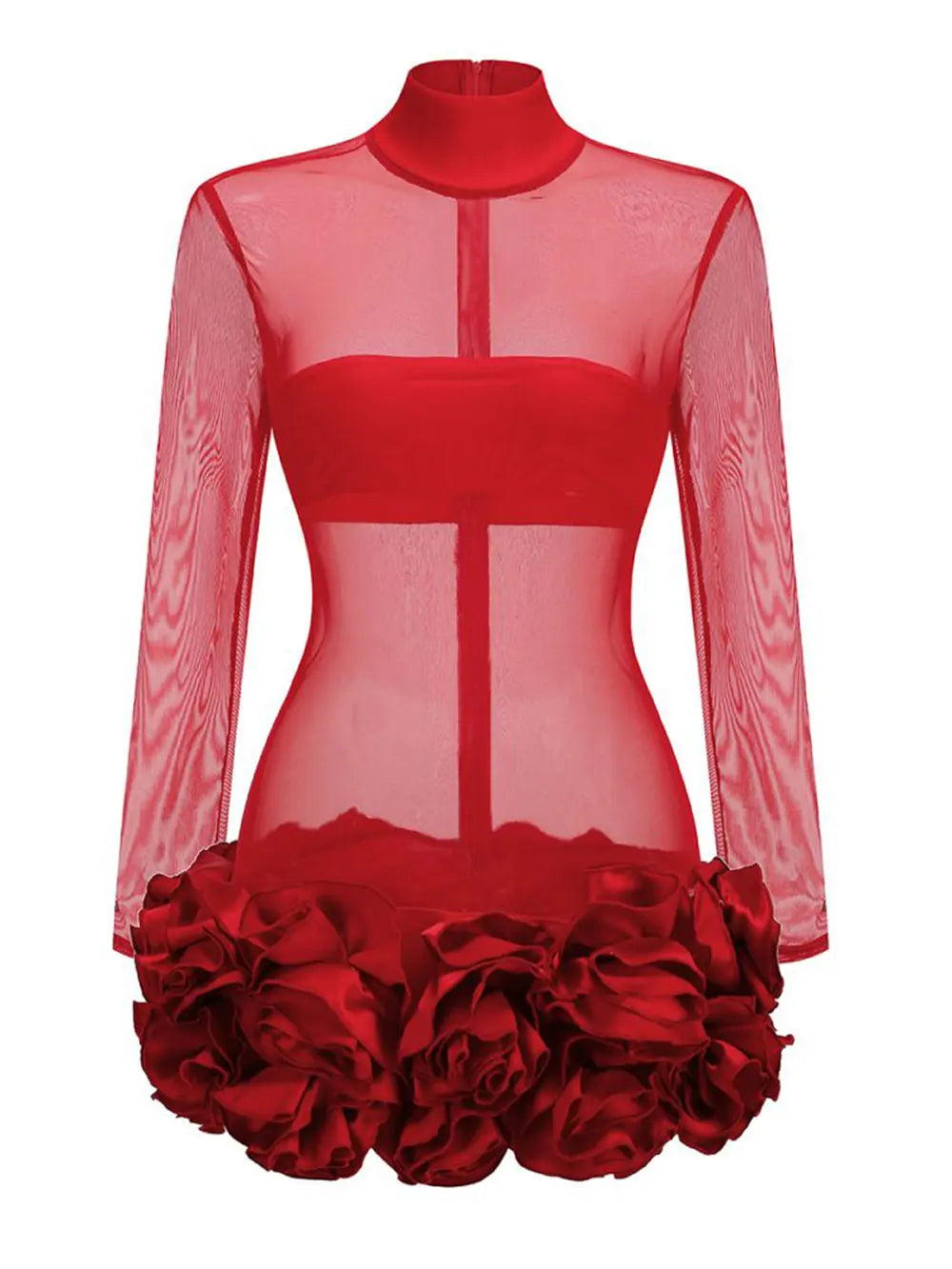 2024 Sexy Women's Perspective Mesh Mini Dress Stand Collar Long Sleeve Bodycon 3D Flower Decoration Dress Evening Party Vestidos