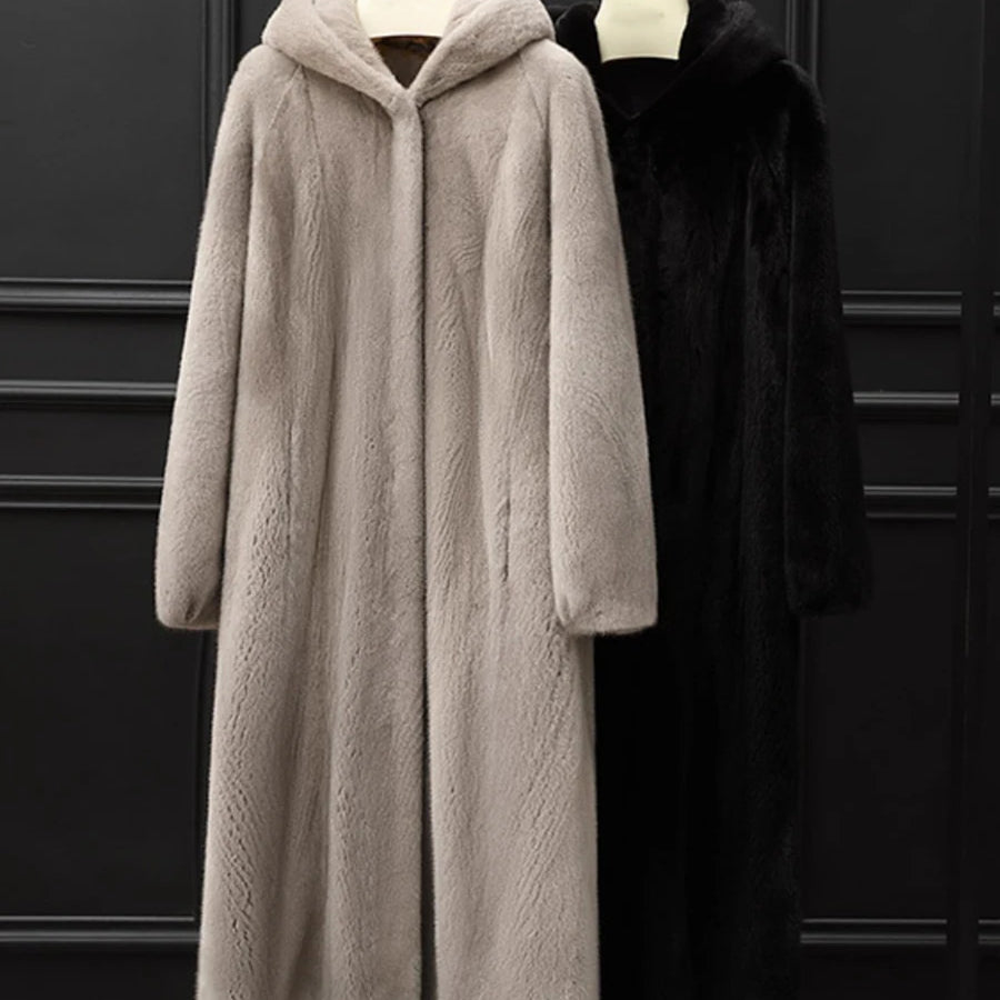 Lautaro Autumn Winter Long Luxury Elegant Thick Warm Fluffy Soft Faux Mink Fur Coat Women with Hood Black Furry Overcoat 2025