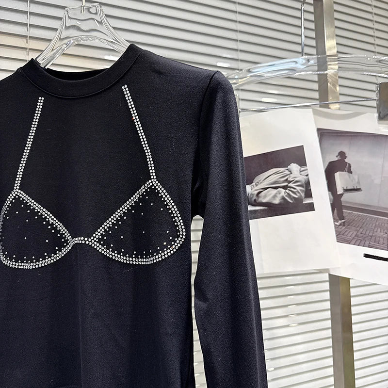 Winter New Niche Fashion Hot Drill Bikini Pattern Long Sleeve Cotton T-Shirt For Women Slim Fit Top Female 11A07493