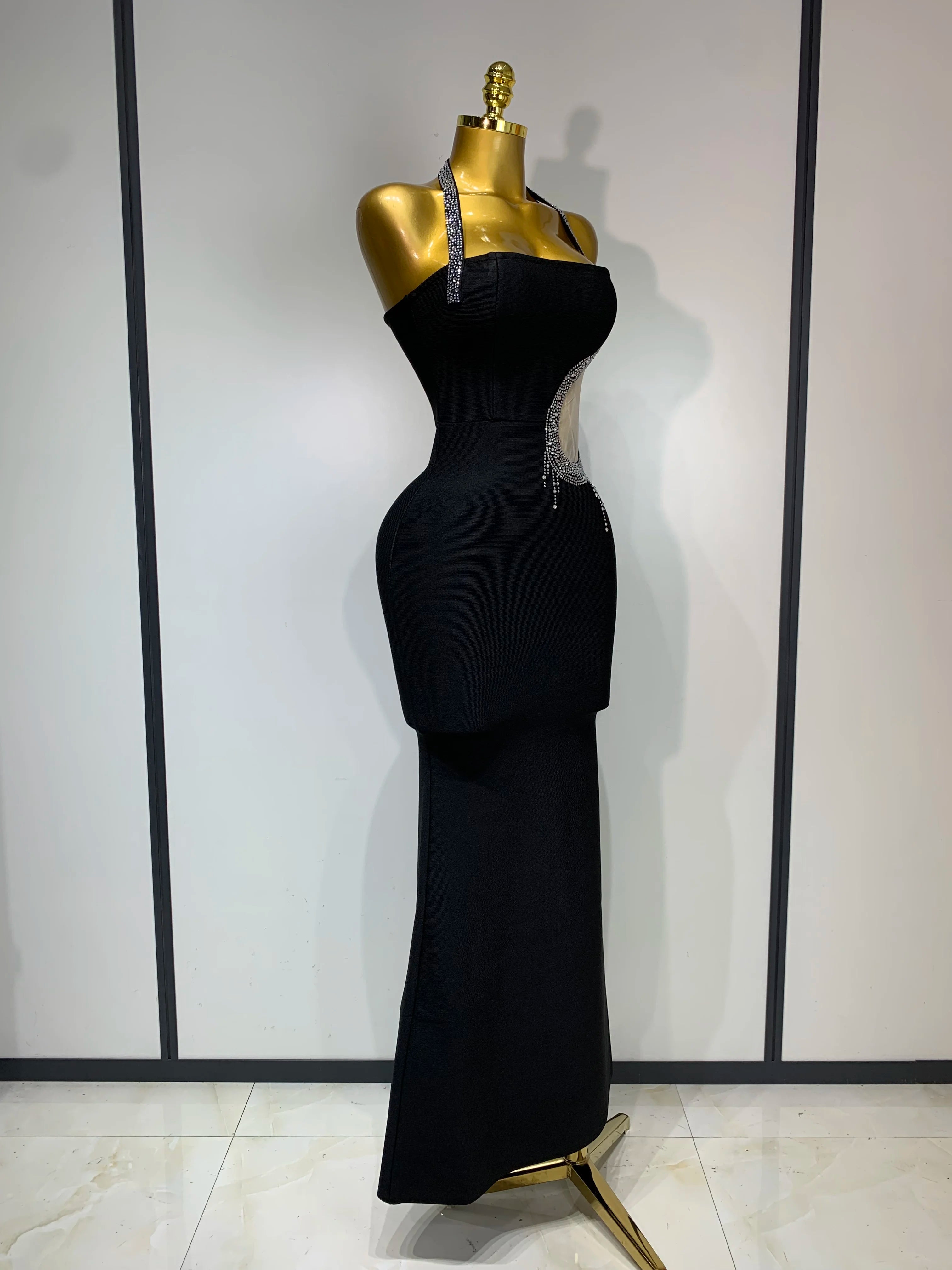 Women Sexy Rhinestone Halter Long Bandage Bodycon Dress 2025 Celebrity Elegant Evening Party Luxury Birthday Wedding Dresses