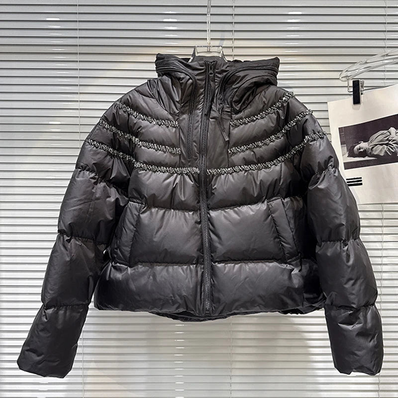 Winter New Heavy Industry Diamond Edge Pleated Hooded Warm Jacket For Women Loose Cotton-padded Coat Female 11A07830 Black One Size