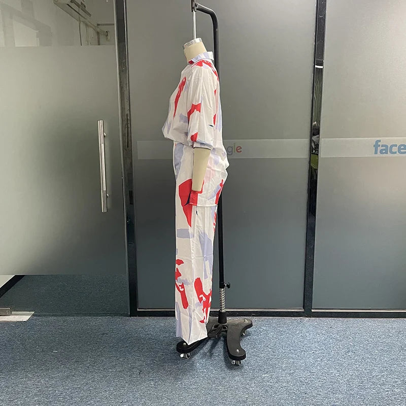 Waytobele Women Two Piece Set Casual Abstract Print V Neck Laple Lantern Sleeve Long Top Loose Wide Legs Pants Sets Streetwear