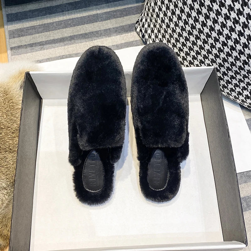 women's plush flat slippers Winter Home and Outdoor Shoes Fashionable fur warm design work and office mules Large size 41-44 black