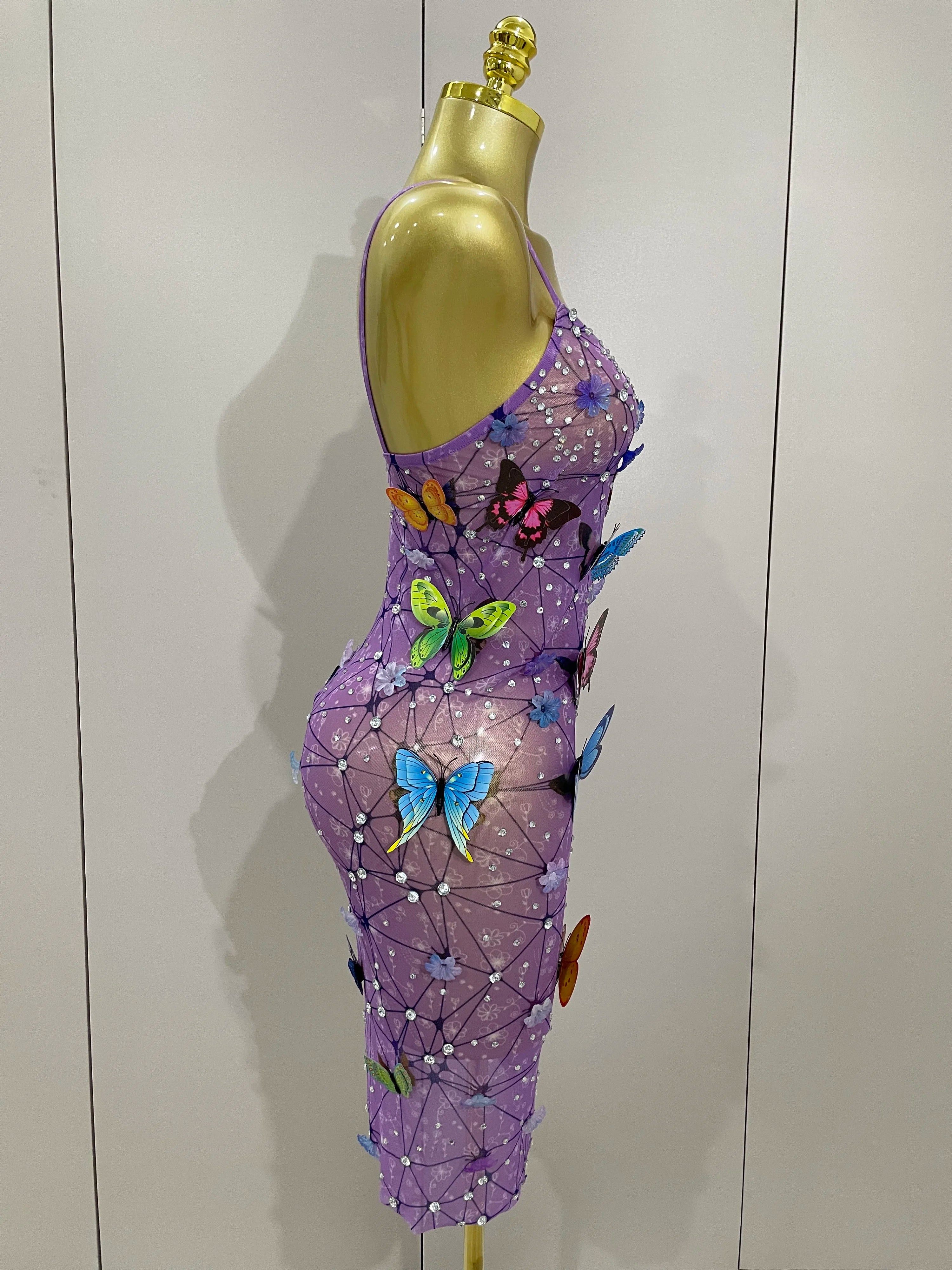 Women Celebrity Luxury Birthday Nightclub Stage Outfit 2025 Sparkly Butterfly Purple Sexy Mesh See Through Dress