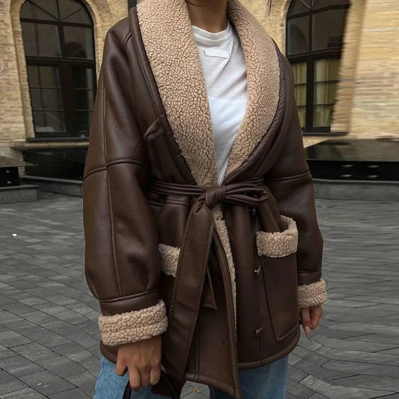 Women Belted Jacket Winter Fur Leather Thick Jackets Fake Shearling Single Breasted Turn-down Collar Belts Coat Female Ouwear BROWN