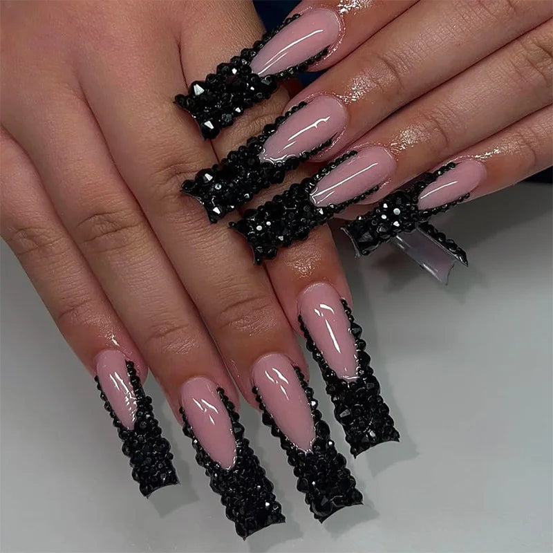24Pcs Pink Press on Fake Nails Long Coffin with Love Broken Diamond Pearl Bowtie Design French Fake Nails Full Cover Nail Tips 3