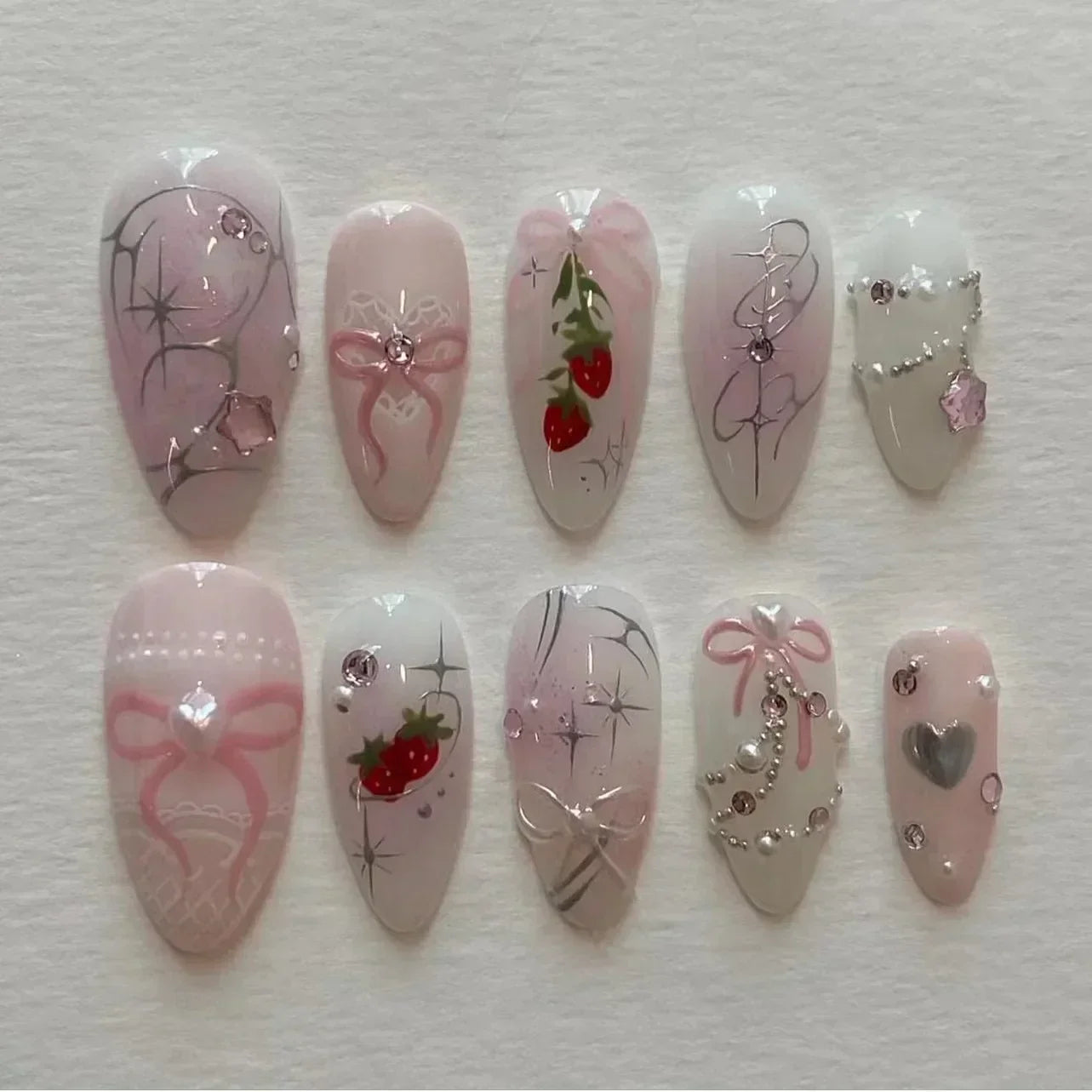 24pcs Short Almond Press on Nails 3D Flower Butterfly Fake Nails with Glue Colorful Natural Acrylic False Nails Full Cover Nails 3