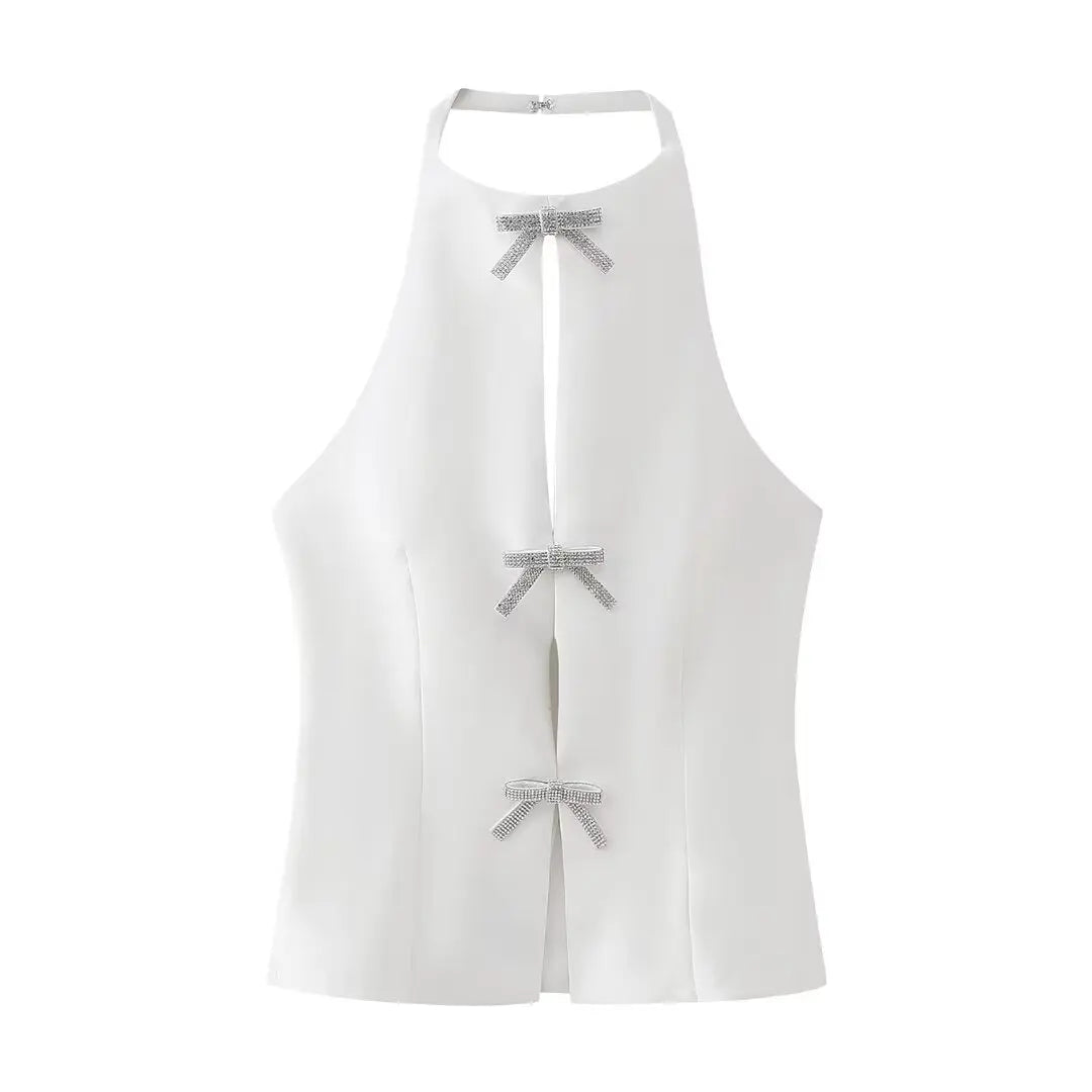 HH TRAF Summer Sexy Halter Tops Woman Fashion Solid O-Neck Sleeveless Hollow Out Backless Bow Decoration Female Elegant Slim Top white