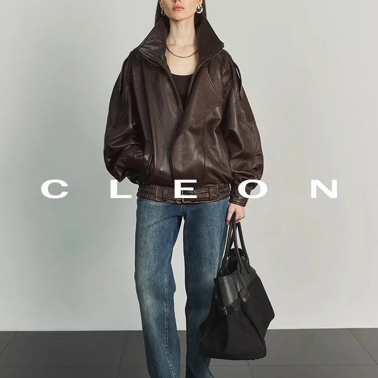 Lautaro Autumn Brown Oversized Pu Leather Moto & Biker Jacket Women Long Sleeve Zippper High Quality American Retro Clothing