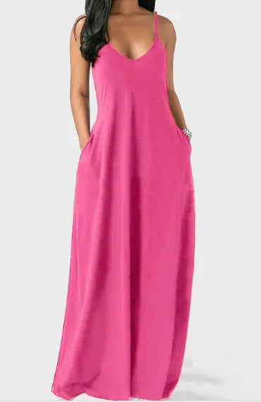 European and American Women's Cross border Summer New Product Solid Color Sexy Deep V Sling Dress Pink