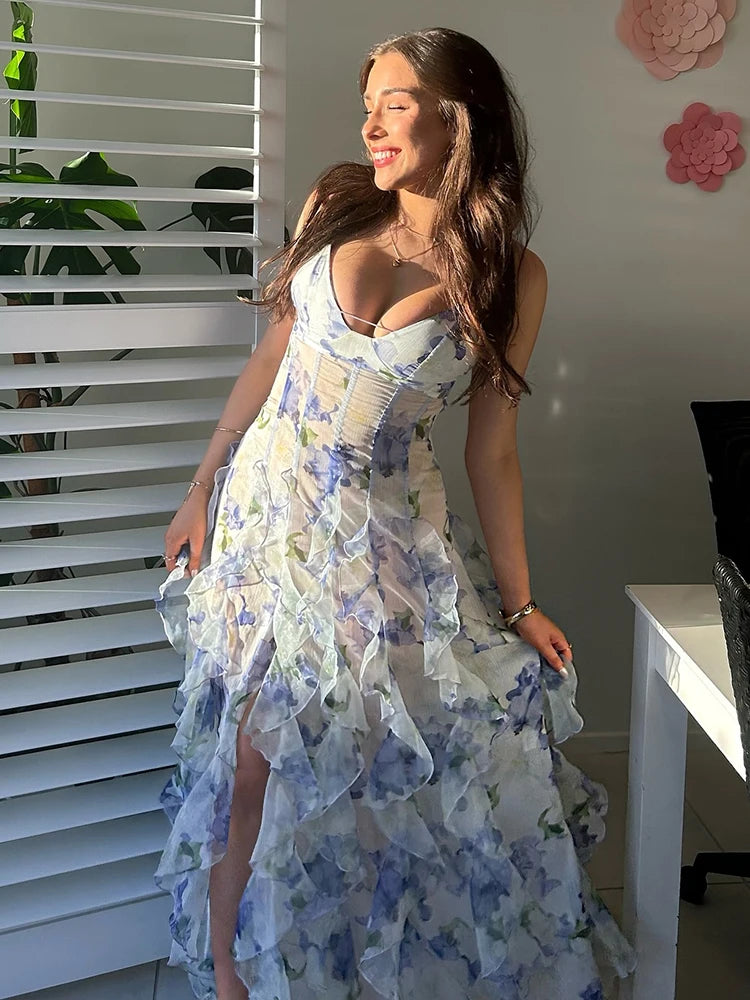 Colorful Floral Printing Beach Long Dresses Summer Chic Spaghetti Straps Backless Princess Fairy Maxi Dress Vestidos