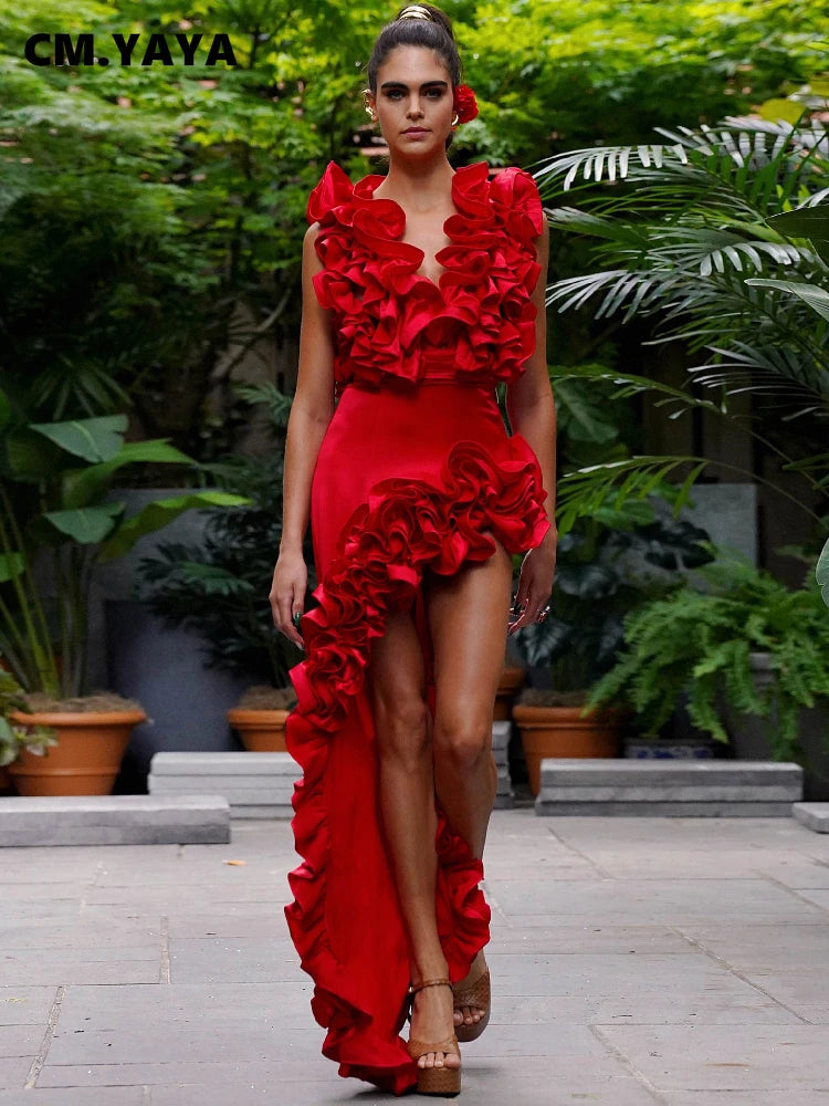 Women Sets Streetwear 2 Two-piece Suits Sexy Beach Holiday Ruffles Asymmetrical V-neck Bodysuit+Long Skirts Bikinis Sets