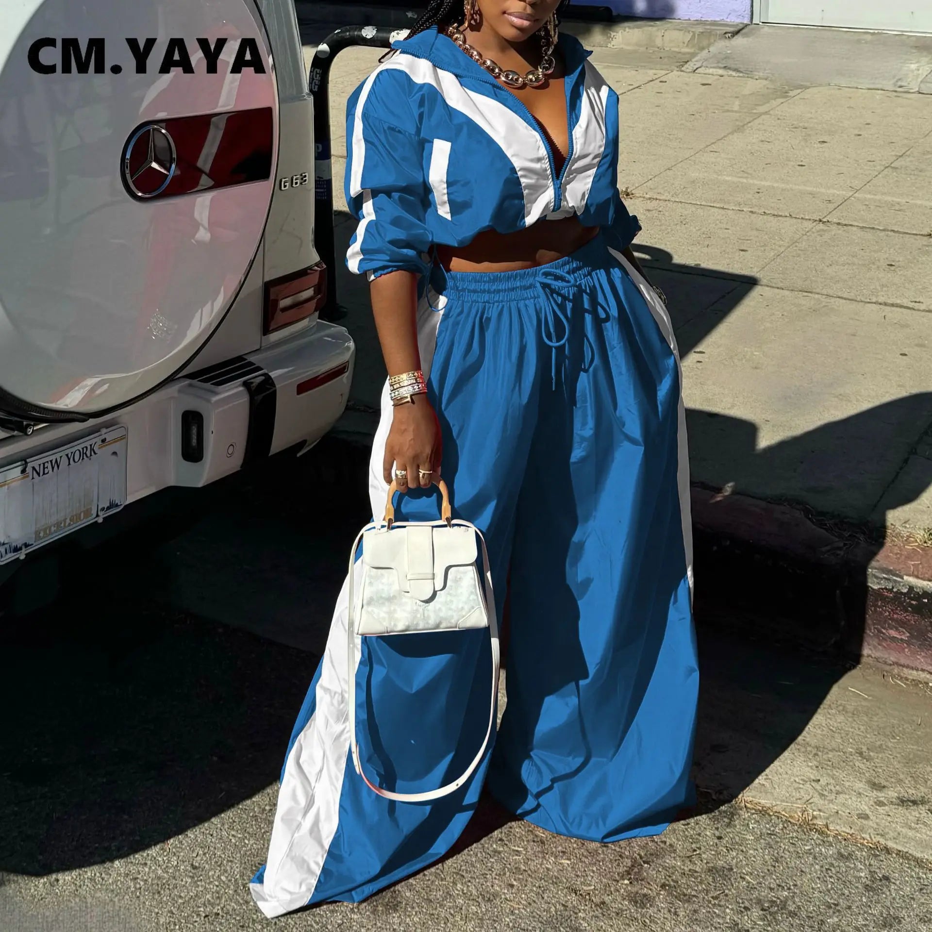 CM.YAYA Active Patchwork Women's Set Zipper Sweatshirt Jacket and Wide Leg Pants Suit 2025 INS Two 2 Piece Sets Outfit Tracksuit