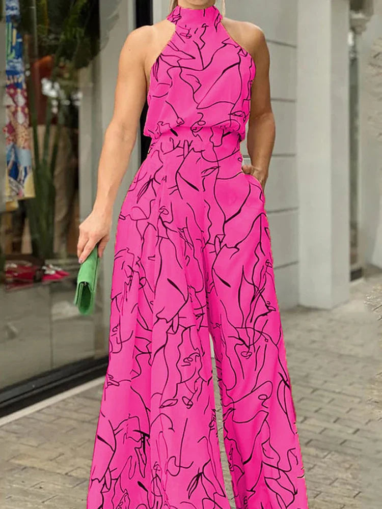 Women's Elegant Waist Halter Jumpsuit Casual Print Tie Sleeveless Wide Leg Long Pant Summer Clothing Rose red