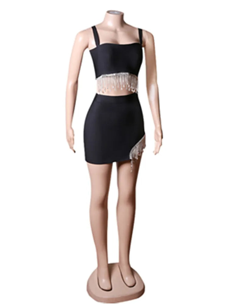 New Summer Women Sexy 2 Pieces Bodycon Mini Dress Diamond Chain Sexy Bar Dancer Club Night Dress Hot Sale