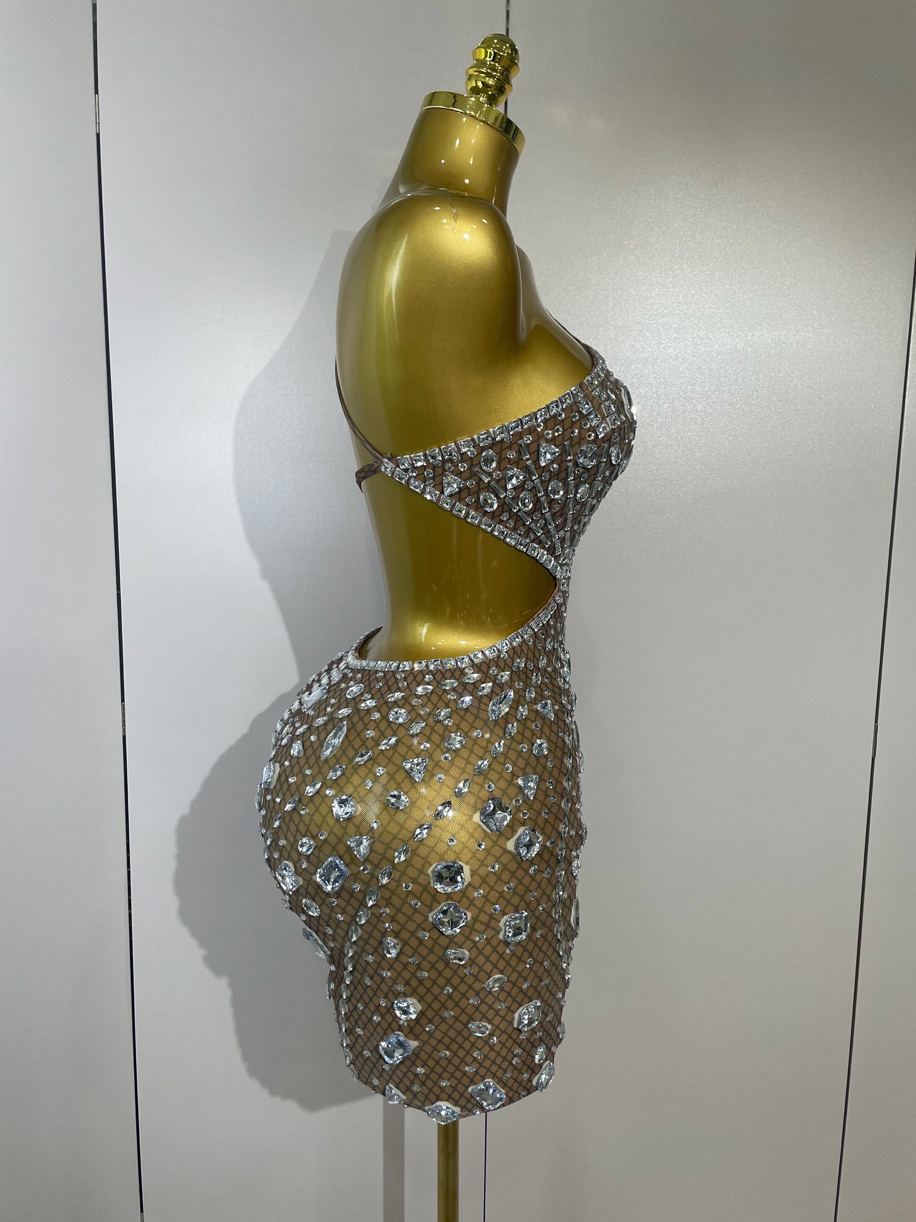 Stock Women Sparkly Big Crystal Sexy Off the Shoulder Mesh See Through Mini Dress Nightclub Party Celebrate Birthday Dress