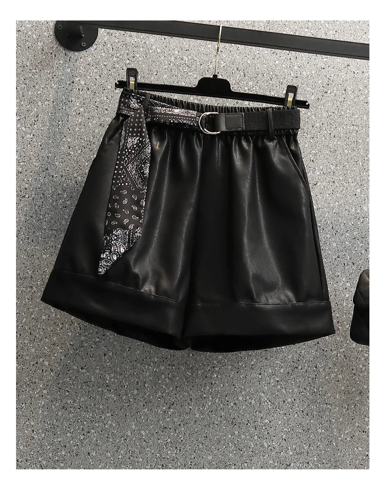 Plus Size Y2K PU Shorts For Women Loose Casual Elastic Waist Leather Mini Shorts Pant Female Large 3XL 4XL Clothing Free Ship black