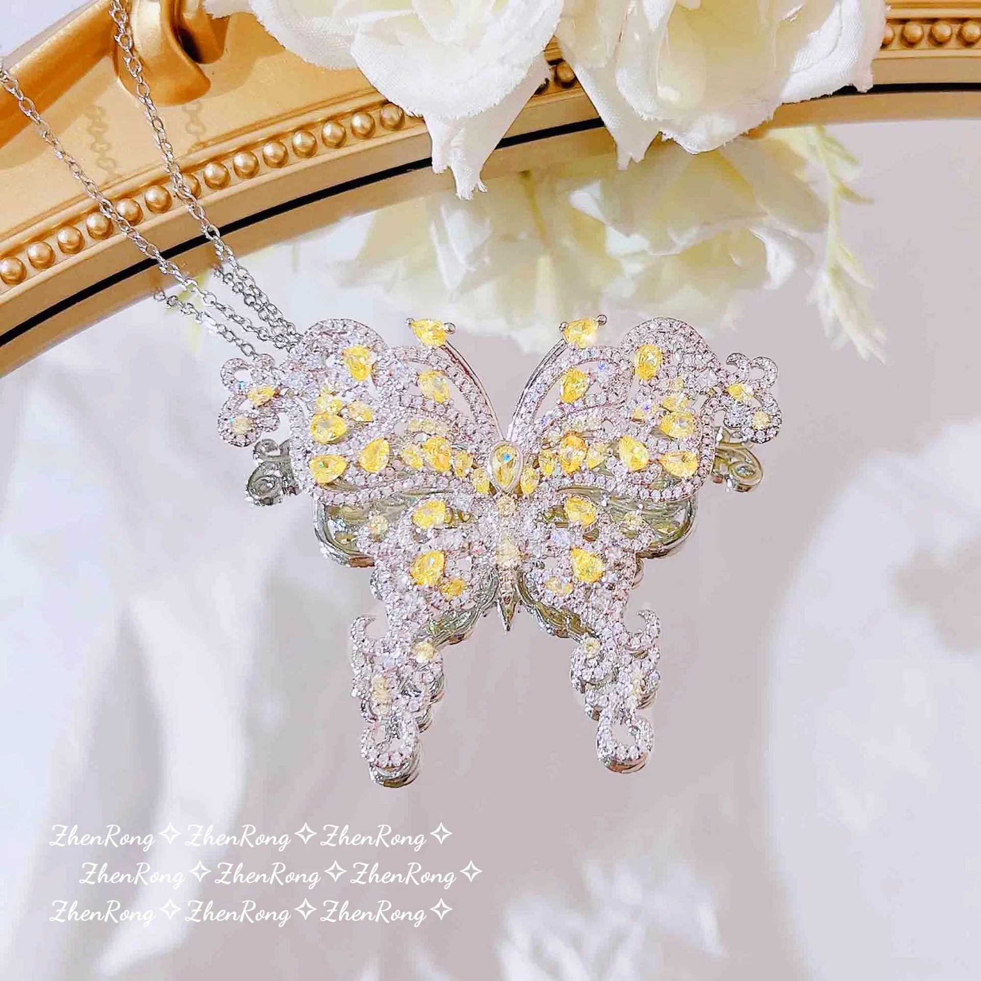 Luxury Statement Butterfly Brooch Pendant Necklaces Choker For Women Yellow Crystal Zircon Necklace Chain Exquisite Jewelry