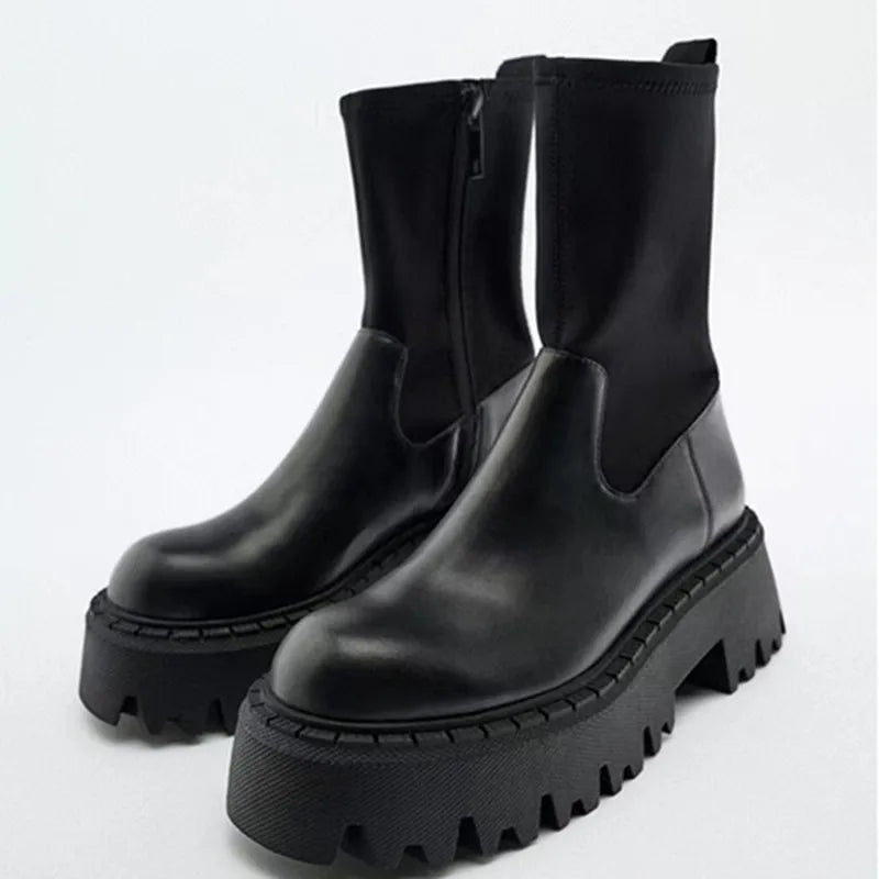 Platform Ankle Boots Shoes For Women Goth Gothic Fashion Mid Calf Ankle Women's Boots Female Winter Brand Stretch Boots black