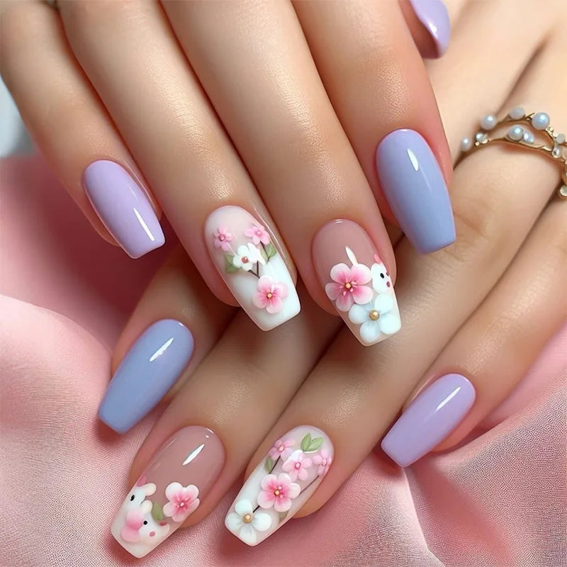 24Pcs Sweet Floral Short Square False Nails with Glue Solid Color Press on Acrylic Nails Simple French Full Cover Fake Nail Tips 13