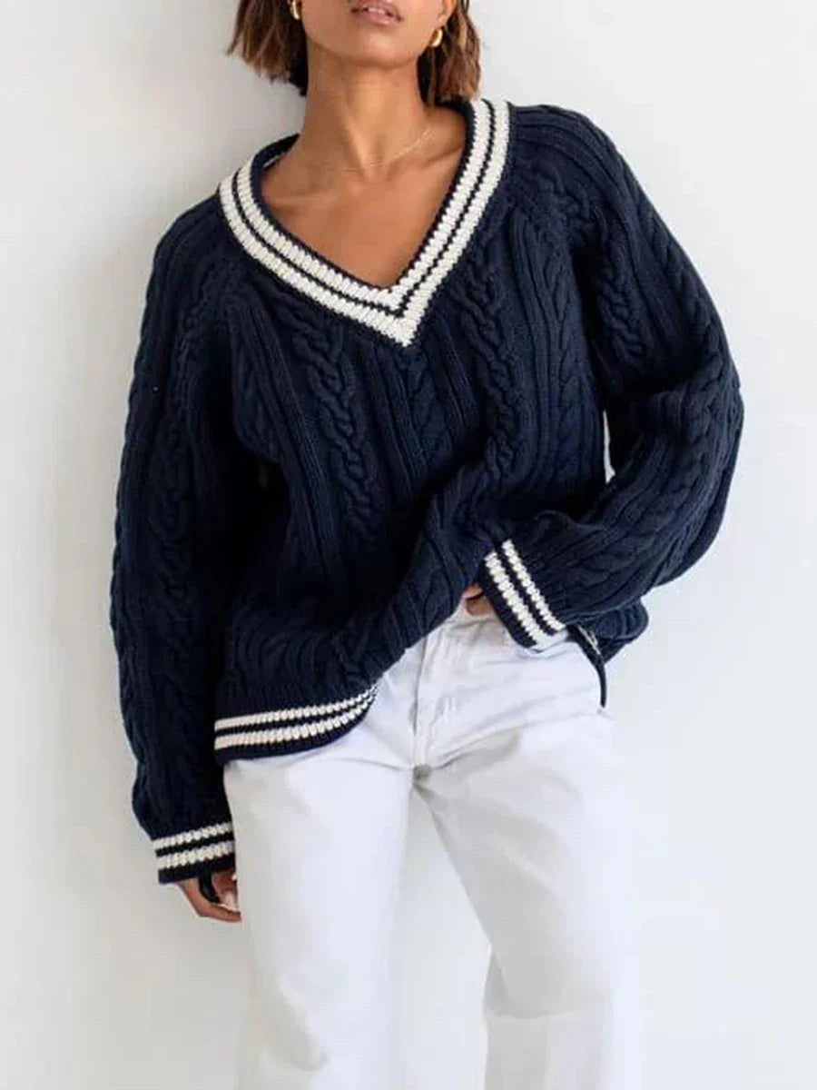 Women Cable Knitted Contrast Trim V Neck Sweaters Y2k Vintage Long Sleeve Pullover Striped Loose Preppy Jumper Top Streetwear Blue