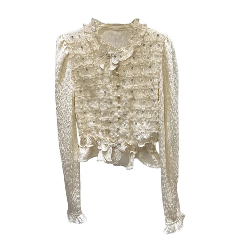 Winter New High-End Elegant Bowknot Pin Beaded Pleated Design Shirt For Women Versatile Blouse Female Trend 11A07851