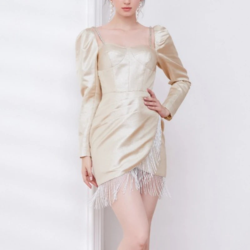 Solid Slimming Spliced Tassels Elegant Dresses for Women Square Neck Long Sleeves Patchwork Folds Dress Female New GOLD