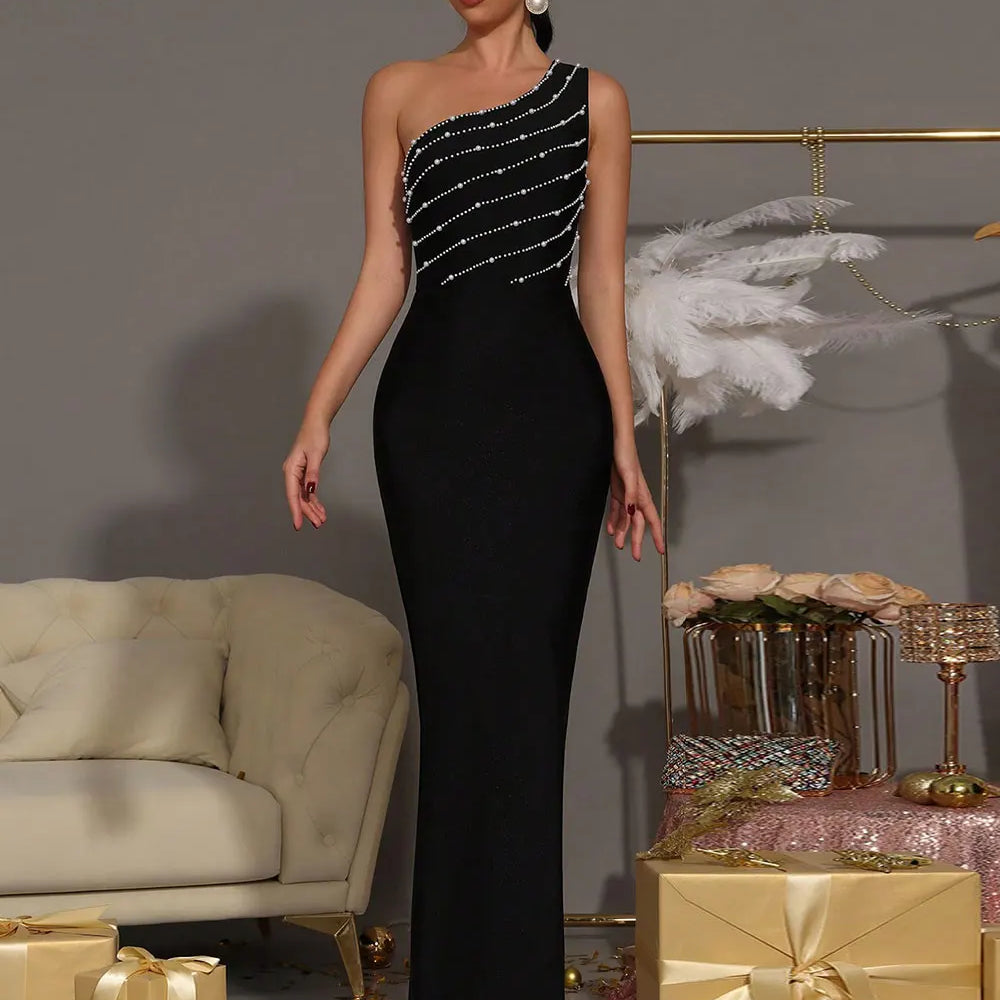 2025 Elegant Women Nail Bead Design Bandage Dress One Shoulder Sleeveless Bodycon Long Dress Cocktail Evening Club Party Vestido