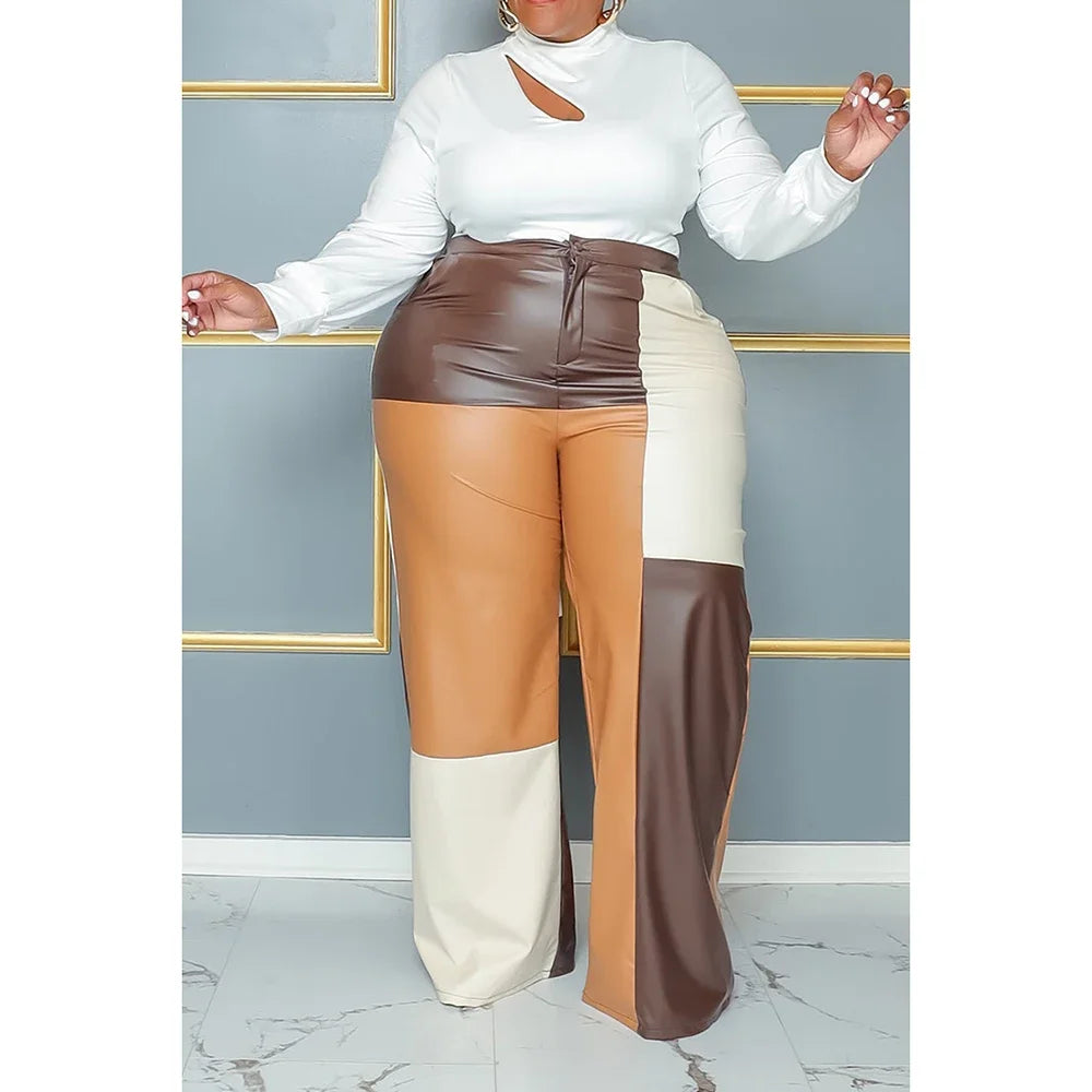 Plus Size Women's Pant Suit Brown Tunic Patchwork PU Leather Fashion Commuting Two Piece Pant Suit