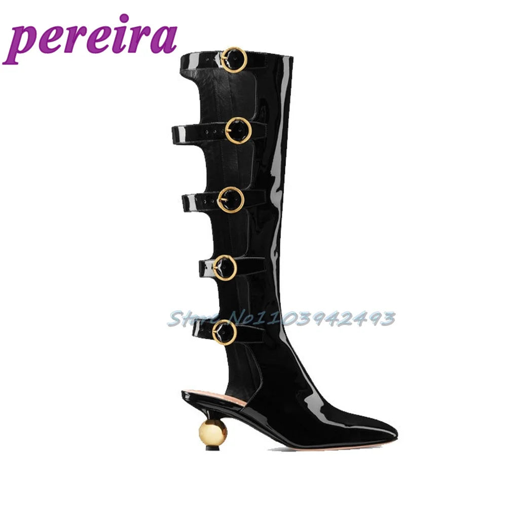 Multi Buckle Strap Heels Strange Style Women Summer Boots Metal Decor Heeled Sandals Square Toe Patent Leather Hollow Sandalias