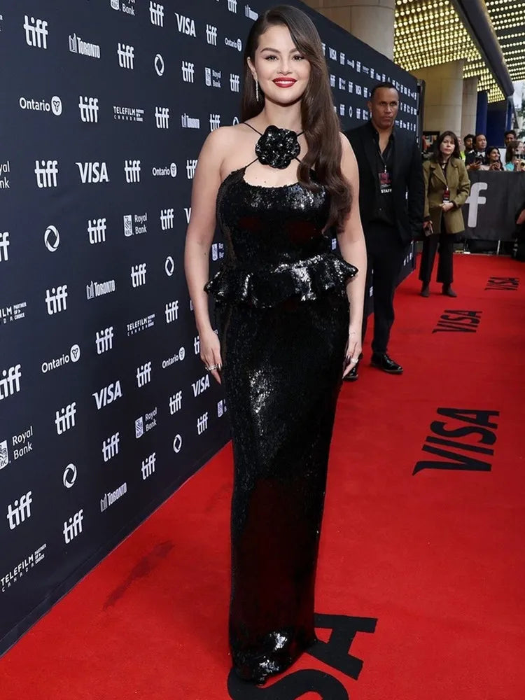 Luxury Women Celebrity Sexy Black Flower Mesh Sequins Maxi Long Gowns Dress 2025 Elegant Evening Party Club Vestido