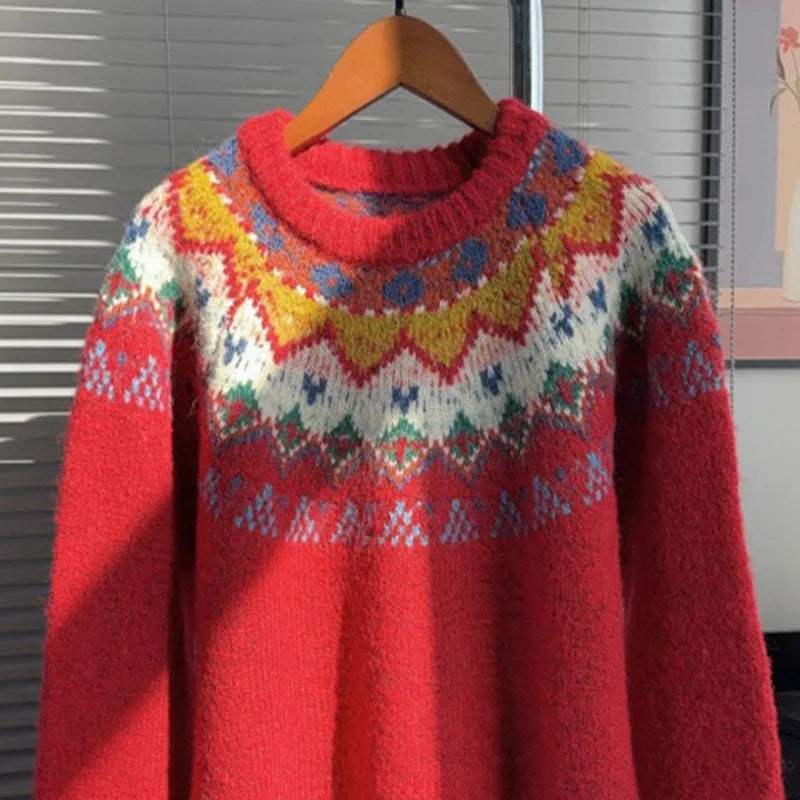 Autumn Winter New Fashion Christmas Red Sweater For Women Loose Lazy Style Contrast Color Knitted Pullover 11A07873