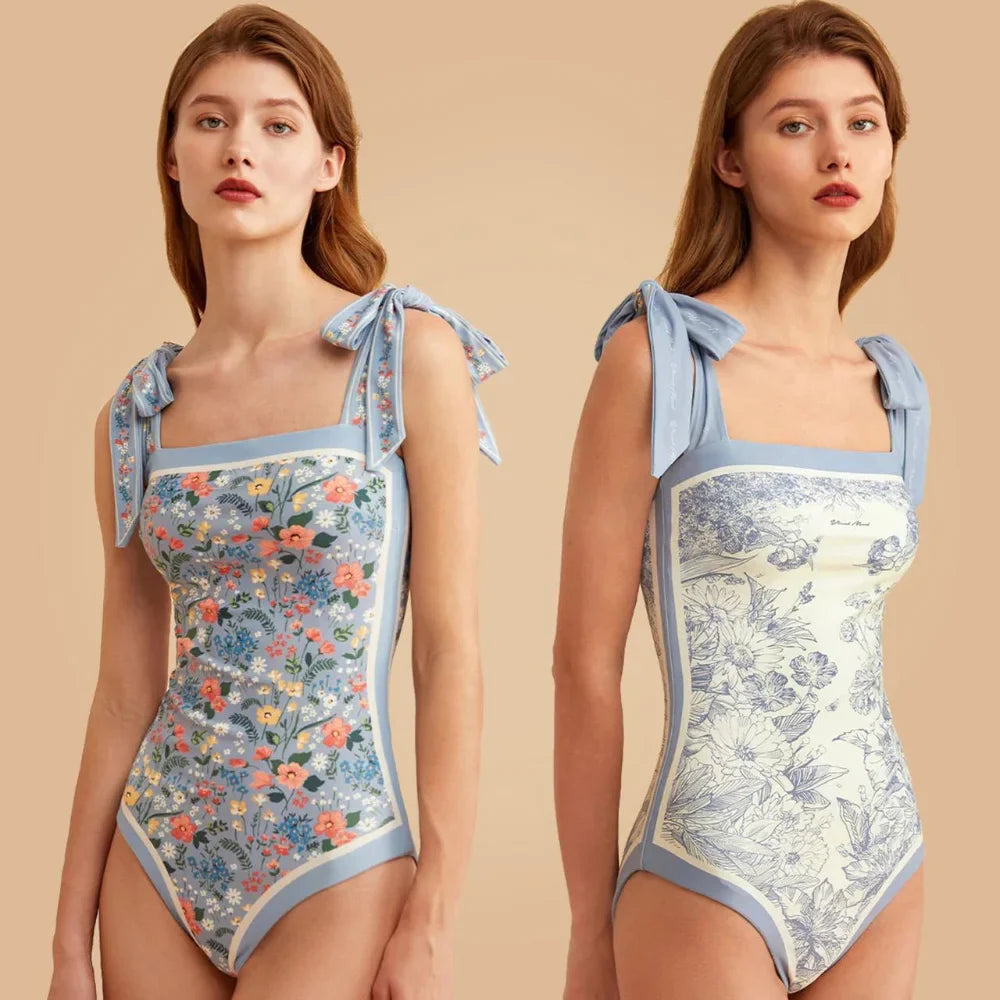 New Vintage Printed Double-sided Wear Swimming Bathing Suit Women Bandage Sexy One Piece Swimsuit Beachwear Swimwear Woman Blue