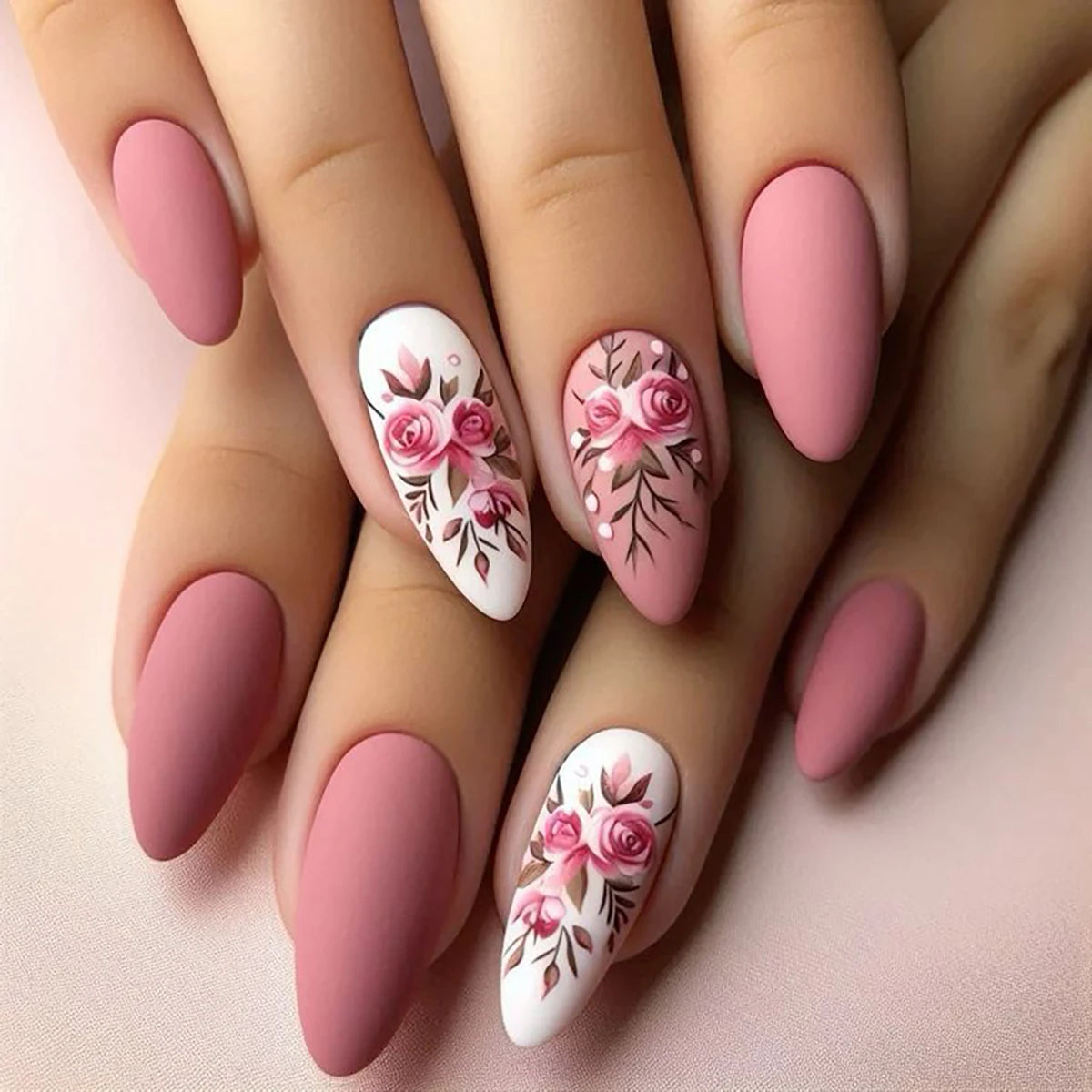Upgrade your nail styling 24pcs medium length almond shape pink fresh floret wear nail manicure press nail piece & 1 rub strip & XY-670