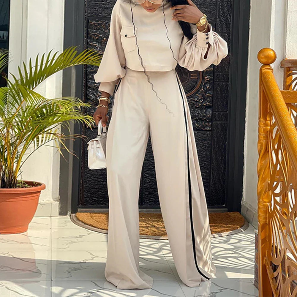 Autumn New Women Large Size Loose And Elegant Half High Collar Fashionable Long Sleeved Tops Wide Leg Pants Casual Two Piece Set