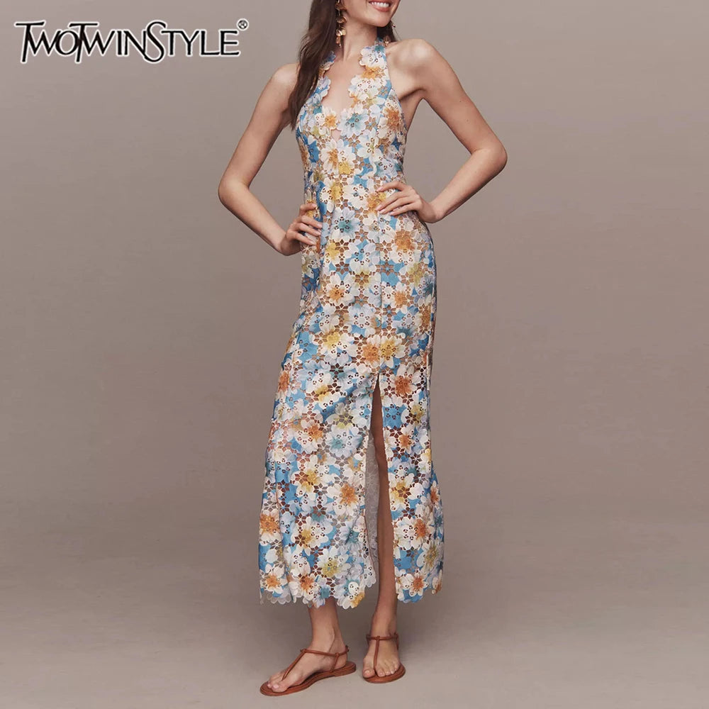 Colorblock Hollow Out Spliced Printing Elegant Dresses for Women Halter Neck Sleeveless Split Dress Female Fashion