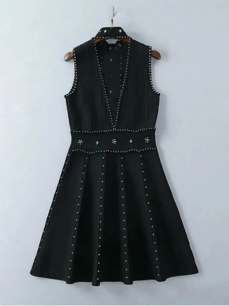 Ailigou New Summer Women's A-line Black Sleeveless Beaded Sexy Elastic Knitted Mini Dress Elegant Celebrity Party Dress