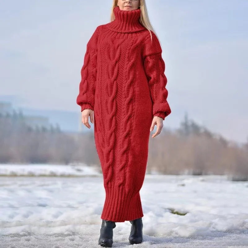 Autumn Winter Solid Color Turtleneck Pullover Women Twisted Loose Knitted Sweater Long Dress Sweater For Female Oversize Red LYQ273