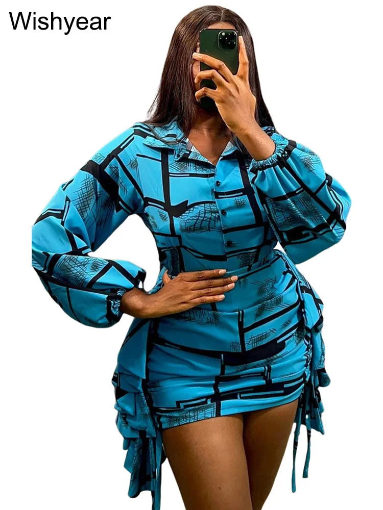 Elegant Striped Printed Ruffles Side Mini Skirts and Long Sleeve Shirt Tops Women Two 2 Piece Sets Birthday Festivals Outfits Blue Set