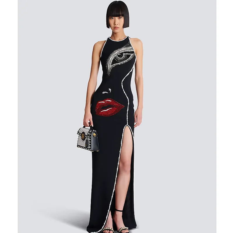 Big Eyes And Red Lips Patterned Diamonds High Slit Black Long Dress Woman Birthday Party Vestido Celebrity Party Outfit