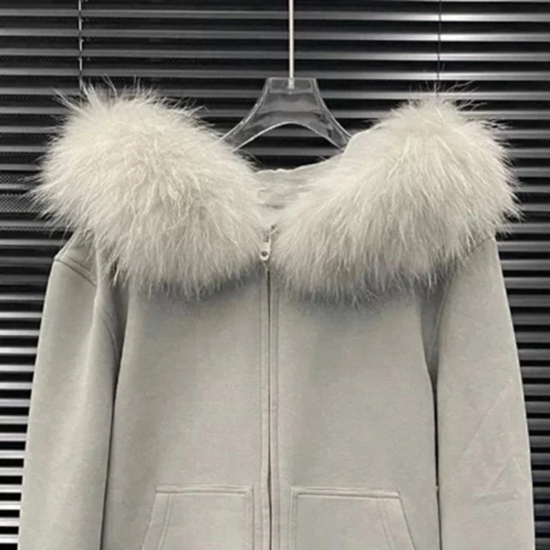 Autumn Winter New Large Fur Collar Brushed Sweatshirt for Women Fashion Detachable Design Hooded Jacket 11A07536