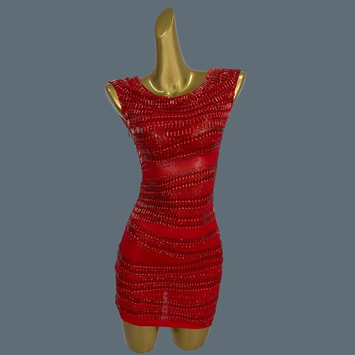 Women Sparkly Crystals Short Dress Sexy Mesh See Through Birthday Party Event Dress Show Stage Wear Performance Costume Yizijian Red