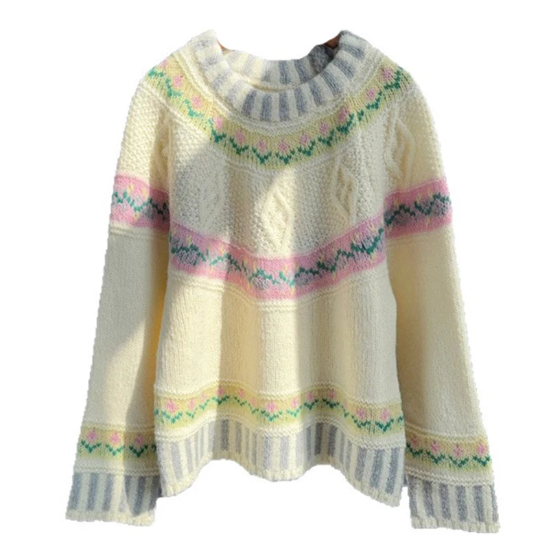 Autumn Winter New Round Neck Contrast Color Knit Sweater For Women Lazy Style Loose Contrast Color Pullover 11A07870