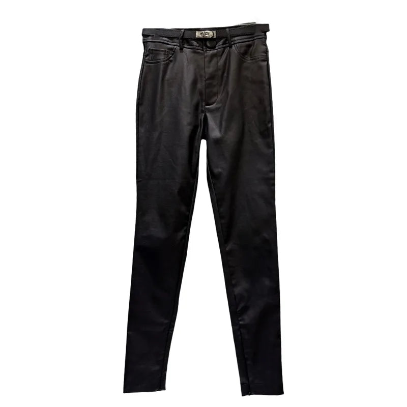 Winter New Fashion Silver Buckle Belt Slim Fit Pencil Pants For Women Black Versatile Boot Trousers Female 11A07922