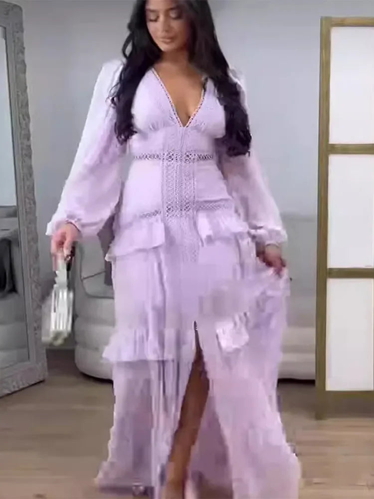 Women Elegant Layered Ruffles Patchwork Long Dress Chic V Neck Puff Full Sleeves Split Maxi Dresses Fashion Lady Party Robes Light purple