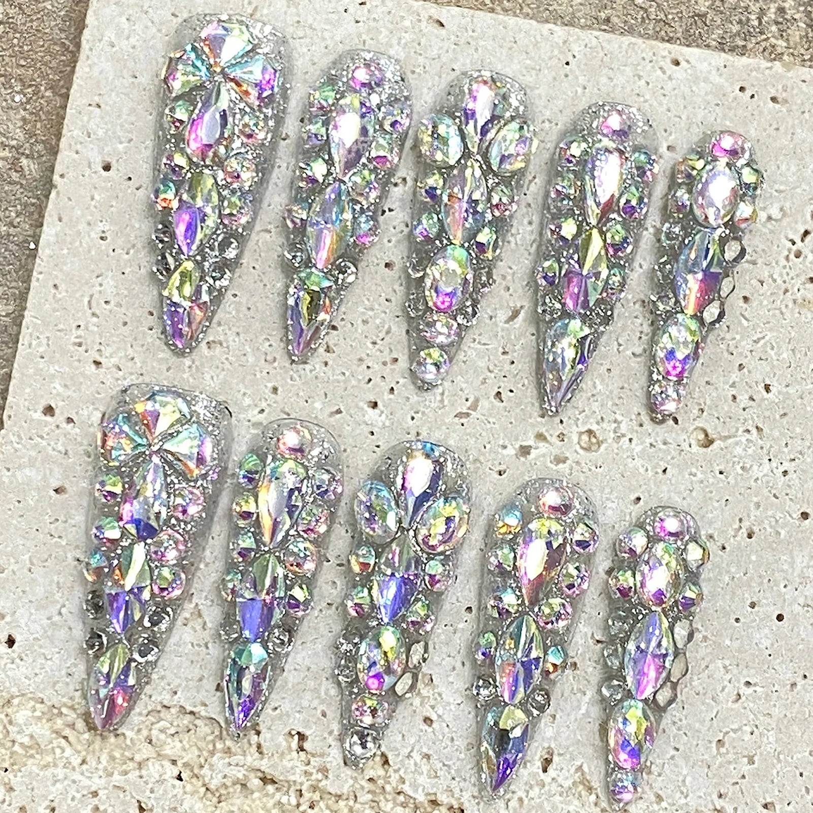 10pcs Super Long Stiletto False Nail Tips Light Luxury Handmade Full Flash Diamond Press On Nails European Wearable Fake Nails