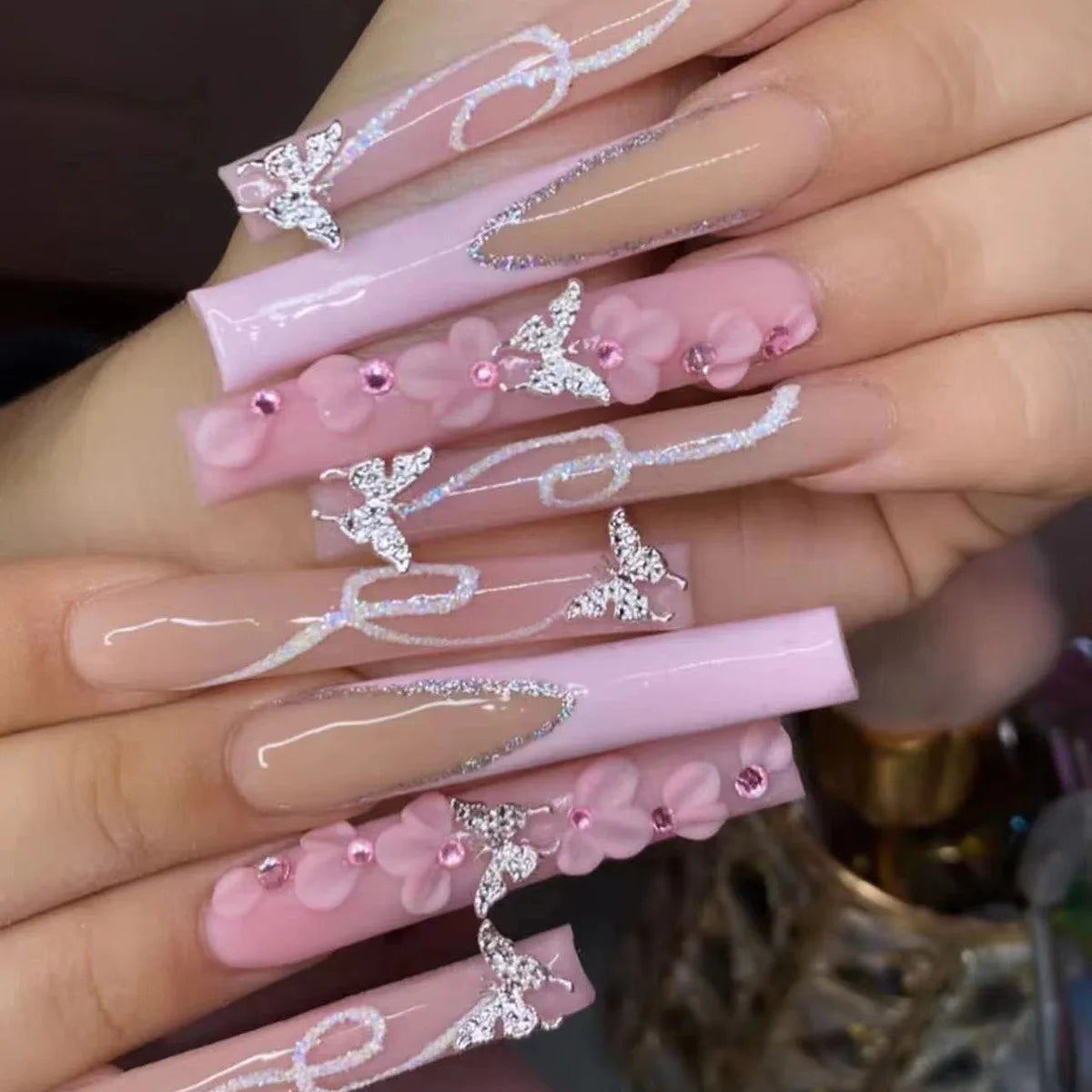 24Pcs Wearable False Nails with Rhinestone Long Square Press on Nails French Pink Flower 3D Bow Design Fake Nail Manicure Tips 298