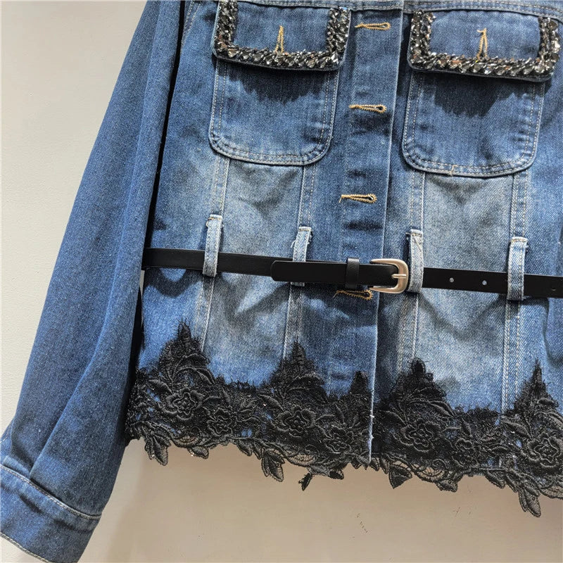 Autumn New Fashion Patchwork Diamond Single-breasted Double Pocket Pleated Lace Trim Denim Jacket For Women 11A07629