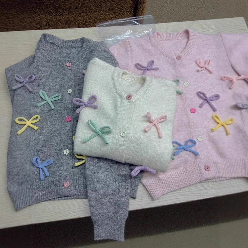 Autumn Winter New Sweet Bowknot Knitted Cardigan For Women Versatile Single-breasted Sweater Coat Trendy 11A07914