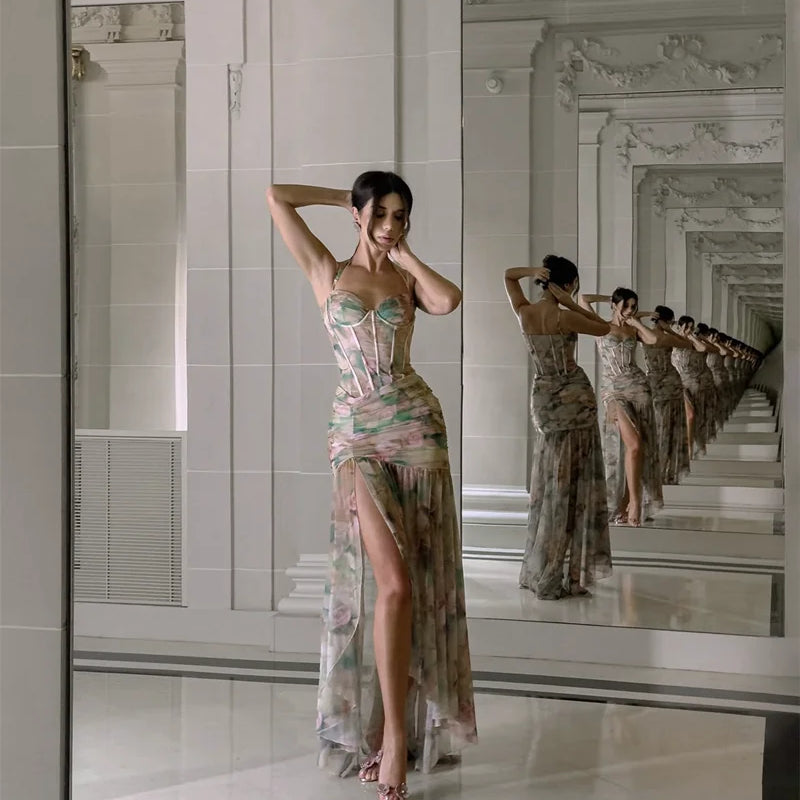 Print Flowers Color Women Sexy Halter Off the Shoulder Bodycon Long Maxi Dress Beach Style Vacation Birthday Party Outfit